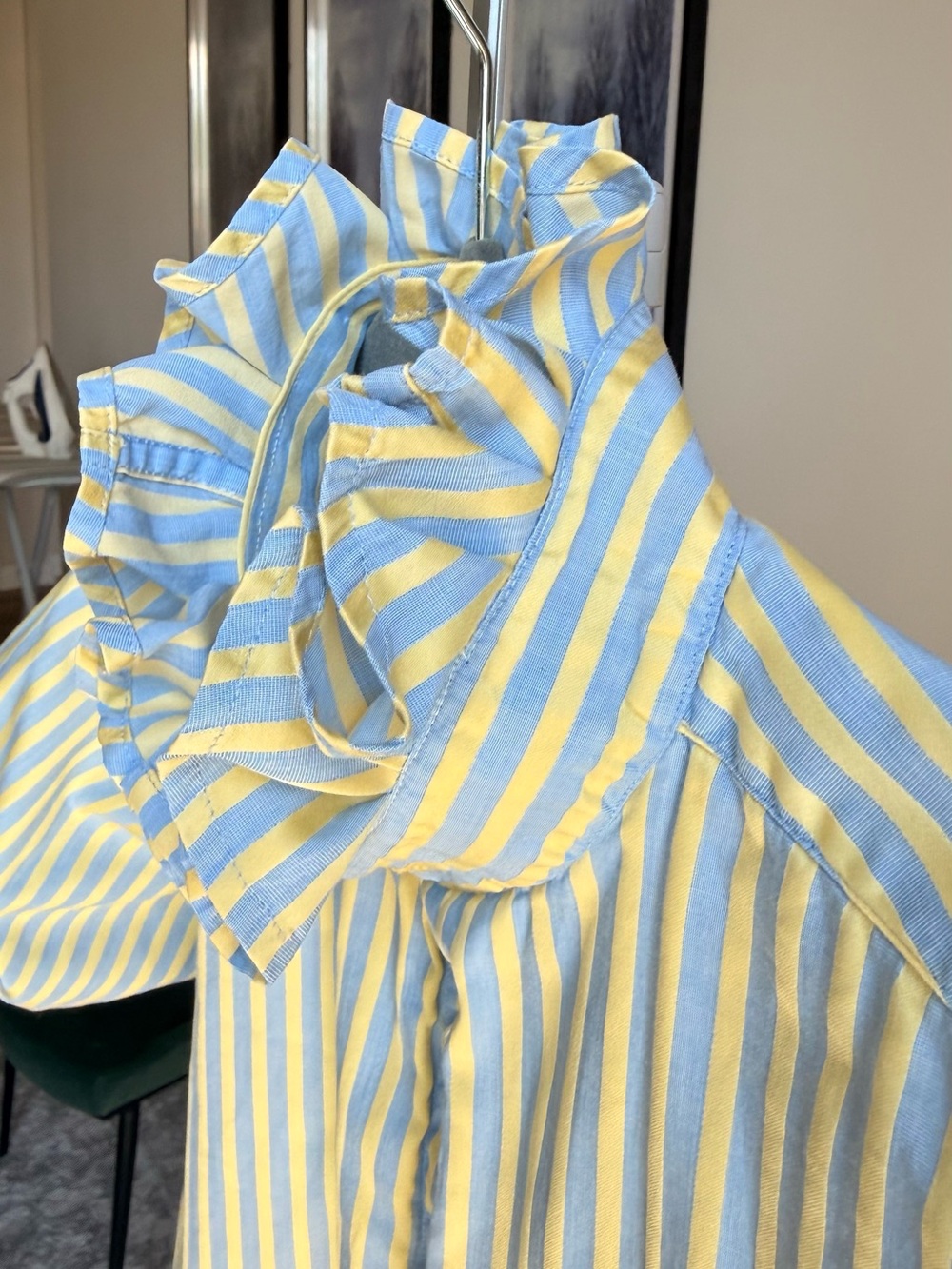Reloved Upcycle ♻️ Ruffled Collar Stripe Shirt in Light Blue & Pale Yellow